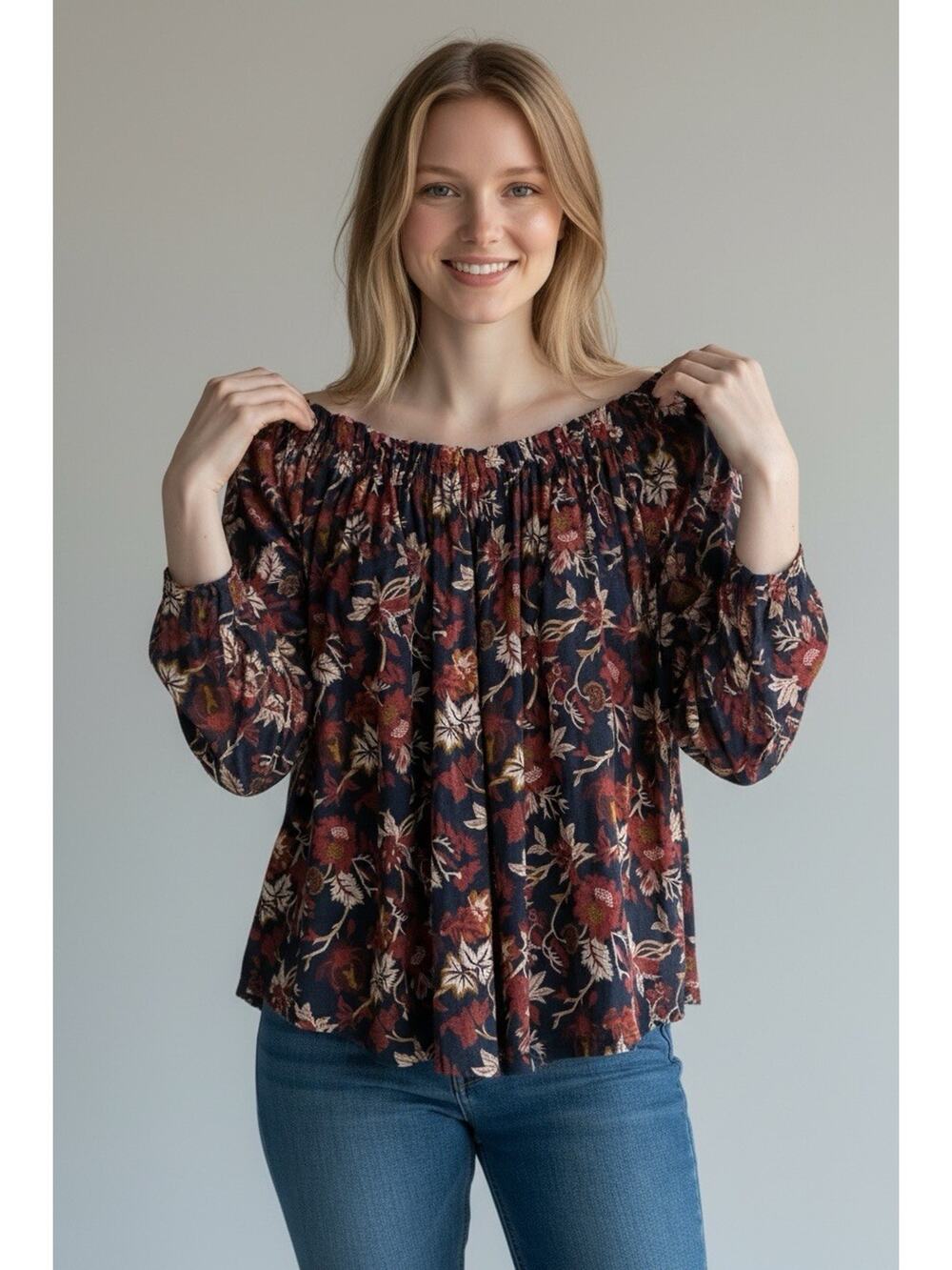 Lucky Brand Women's Long Sleeve Blouse Dark Floral Pleated Neckline Size L